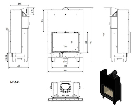 Warmluftkamineinsatz Kratki MBA 17 G, gerade Scheibe, 17kW