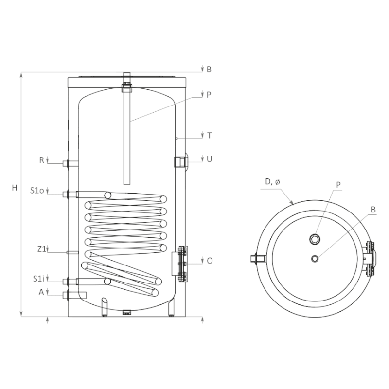 Technische Zeichnung ohne Abmaße - ThermoFlux Brauchwasserspeicher TBWS-R 120 Trinkwasser | 1 WT