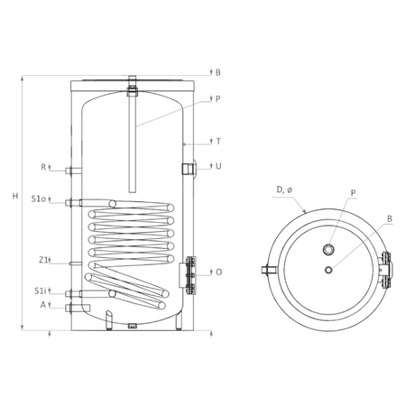 Technische Zeichnung ohne Abmaße - ThermoFlux Brauchwasserspeicher TBWS-R 120 Trinkwasser | 1 WT