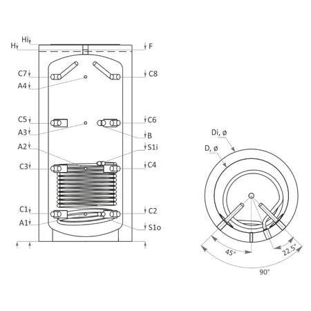Technische Zeichnung ohne Abmaße - ThermoFlux Pufferspeicher PBM-R 500 | ohne Isolierung | 1 WT
