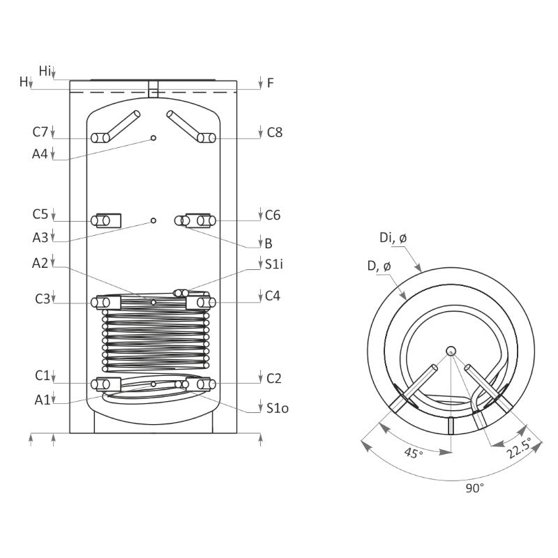Technische Zeichnung ohne Abmaße - ThermoFlux Pufferspeicher PBM-R 2000 | ohne Isolierung | 1 WT 