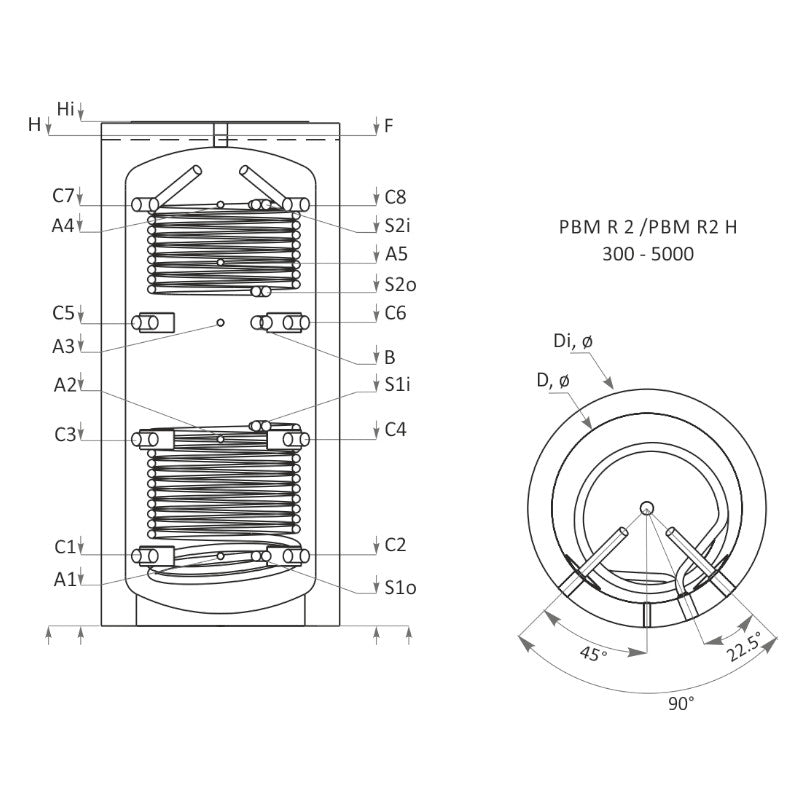 Technische Zeichnung ohne Abmaße - ThermoFlux Pufferspeicher PBM-RR 800 | ohne Isolierung | 2 WT  |www.klimaworld.com