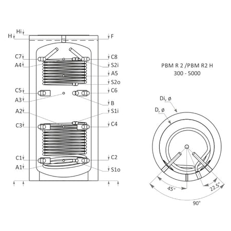 Technische Zeichnung ohne Abmaße - ThermoFlux Pufferspeicher PBM-RR 800 | ohne Isolierung | 2 WT  |www.klimaworld.com