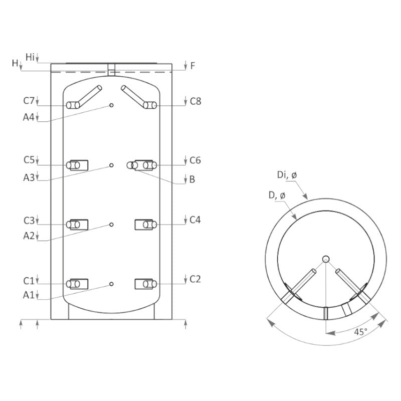Technische Zeichnung ohne Abmaße - ThermoFlux Pufferspeicher PBM 500 | ohne Isolierung | ohne WT