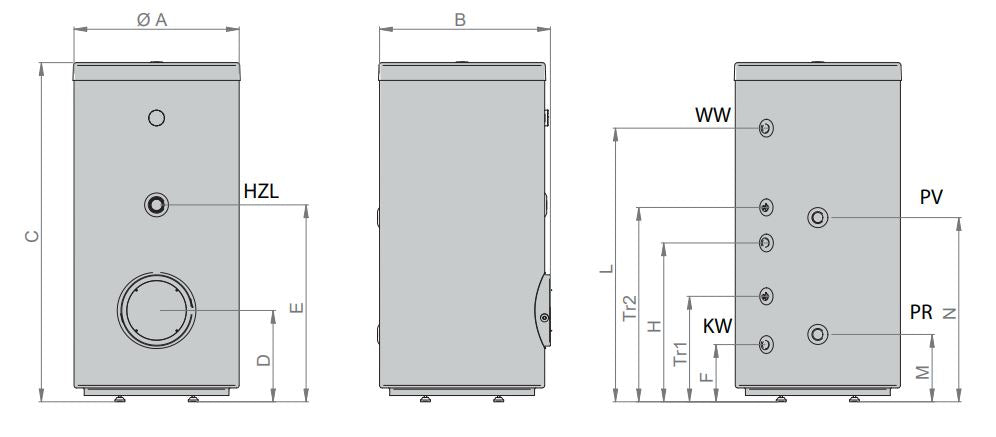 Technische Zeichnung ohne Abmaße - ThermoFlux Warmwasserspeicher TES-1WT 120 | Edelstahl | 1 WT  ➔ www.klimaworld.com