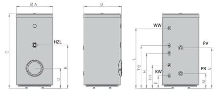 Technische Zeichnung ohne Abmaße - ThermoFlux Warmwasserspeicher TES-1WT 160 | Edelstahl | 1 WT  ➔ www.klimaworld.com