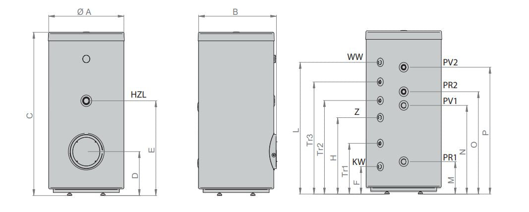 Technische Zeichnung ohne Abmaße - ThermoFlux Warmwasserspeicher TES-2WT 300 | Edelstahl | 2 WT bivalent ➔ www.klimaworld.com