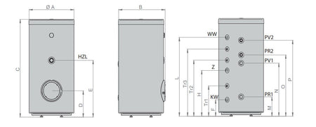 Technische Zeichnung ohne Abmaße - ThermoFlux Warmwasserspeicher TES-2WT 300 | Edelstahl | 2 WT bivalent ➔ www.klimaworld.com