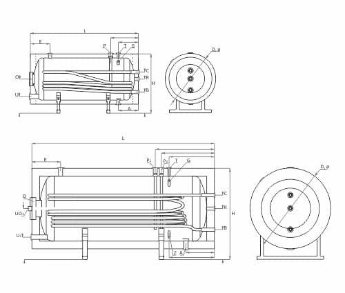 Technische Zeichnung - ThermoFlux Brauchwasserspeicher THBWS-R 300 horizontal  | 1 WT 