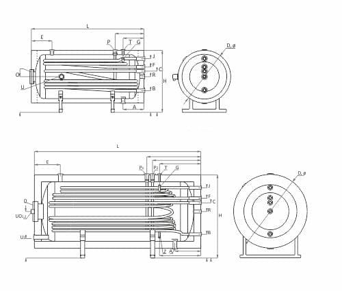 Technische Zeichnung - ThermoFlux Brauchwasserspeicher THBWS-RR 300 horizontal  | 2 WT  | www.klimaworld.com