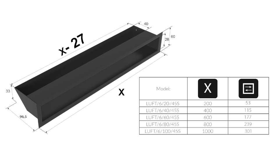 Kratki Lüftungsgitter 45S | 60x1000x96