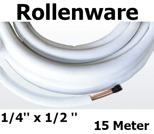Kaeltemittelleitung isoliert Klimarohr Doppelrohr 15 Meter Rolle 1/4 1/2 Zoll | mit Text | gebördelt | www.klimaworld.com