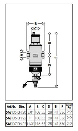 Abmaße - Caleffi DISCALDIRTMAG Mikroblasen-/Schlammabscheider mit Magnet