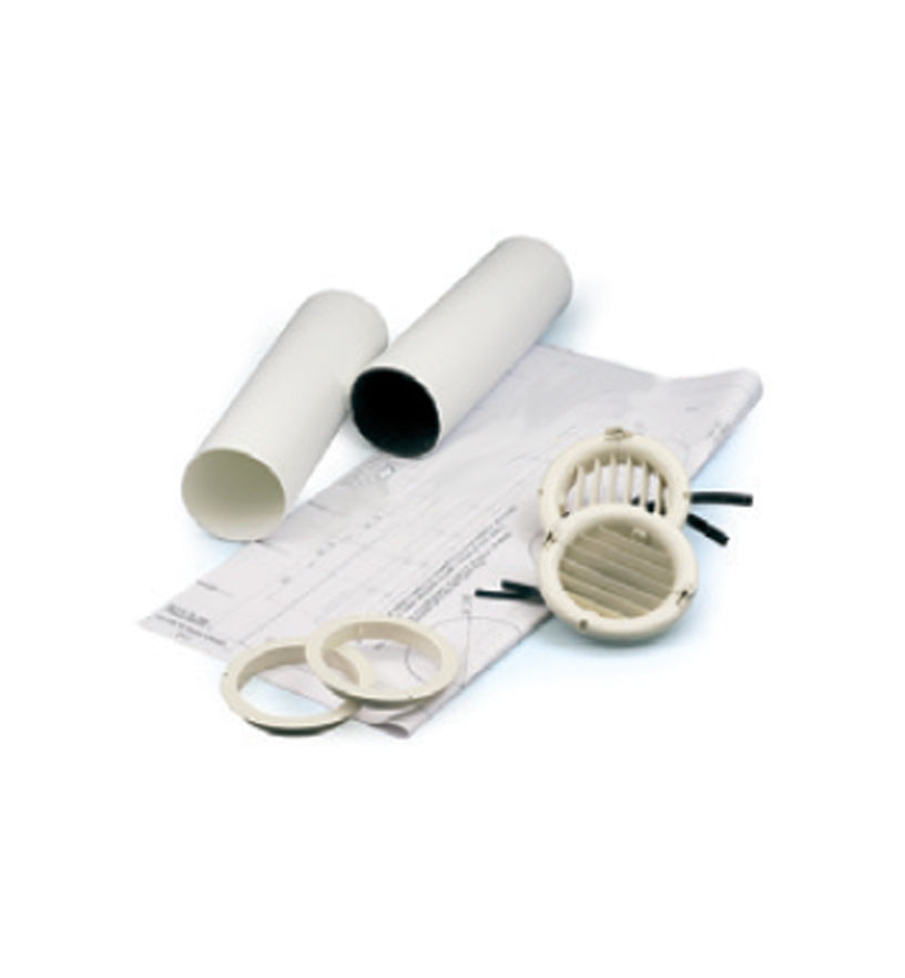 2 unico Rohre universell (gerollte Folie) links, 2 Außenluftgitter rechts, 2 Wandanschlüsse unten und 1 Bohrschablone unten 