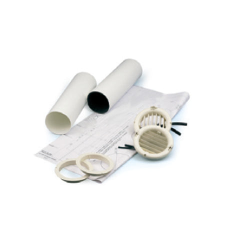 2 unico Rohre universell (gerollte Folie) links, 2 Außenluftgitter rechts, 2 Wandanschlüsse unten und 1 Bohrschablone unten 