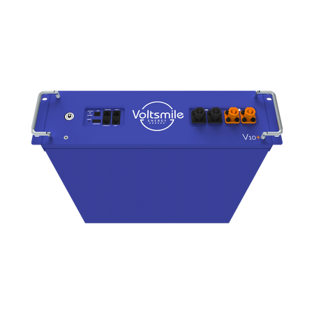 blaue Voltsmile Batterie V10+, Ansicht von unten, mit Anschluessen | Klimaword.com