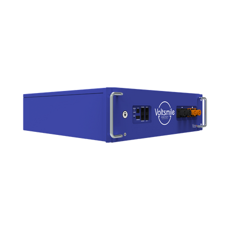 blaue Voltsmile Batterie V10+, Ansicht links, mit Anschluessen | Klimaword.com