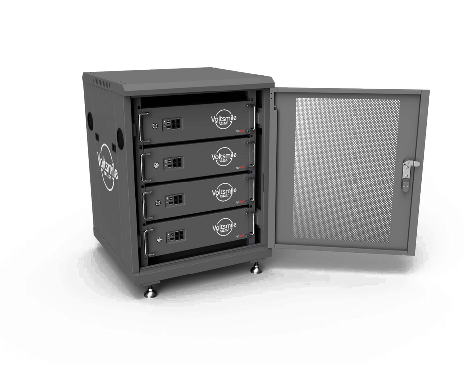 schwarzer Voltsmile Batterieschrank RPC 14U für V10 RPC Batterien