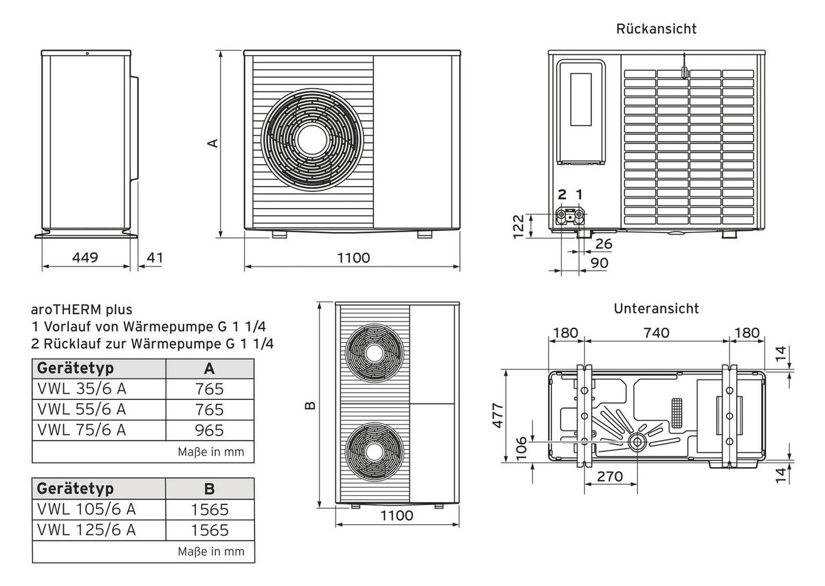 VA Heizungswärmepumpe aroTHERM plus VWL 55/6 A Maße  | Klimaworld.com