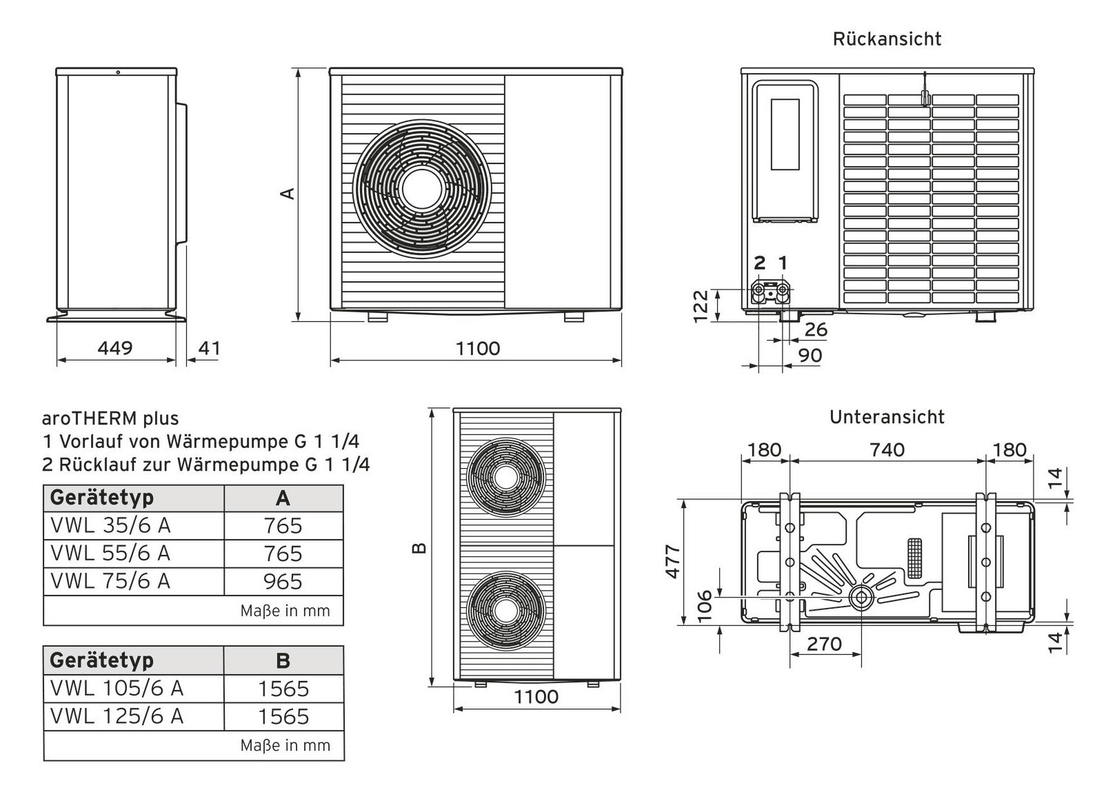 VA Heizungswärmepumpe aroTHERM plus VWL 55/6 A Maße  | Klimaworld.com