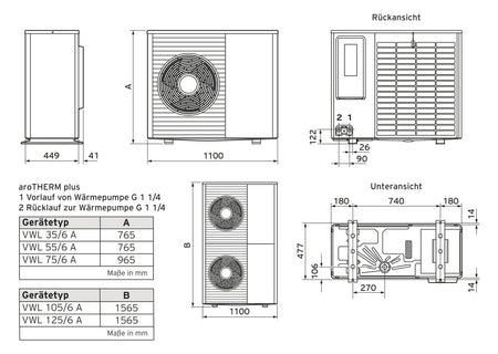 VA Heizungswärmepumpe aroTHERM plus VWL 55/6 A Maße  | Klimaworld.com