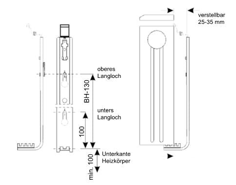 Heizkoerper Befestigungsschienen Set Kompaktanschluss | Abstaende zur Wand & Boden | www.klimaworld.com