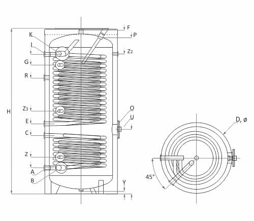 Technische Zeichnung ohne Abmaße - ThermoFlux Wärmepumpenspeicher SWP2N 500  | mit 2 Wärmetauscher | Klimaworld.com