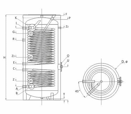 Technische Zeichnung ohne Abmaße - ThermoFlux Wärmepumpenspeicher SWP2N 500  | mit 2 Wärmetauscher | Klimaworld.com