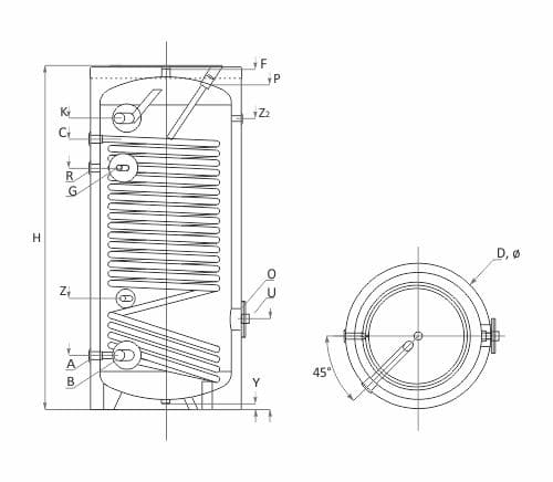 Technische Zeichnung ohne Abmaße - ThermoFlux Wärmepumpenspeicher SWPN 500 | mit einem Wärmetauscher | www.klimaworld.com