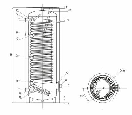 Technische Zeichnung ohne Abmaße - ThermoFlux Wärmepumpenspeicher SWP NL 400 | mit großem Wärmetauscher | Klimaworld.com