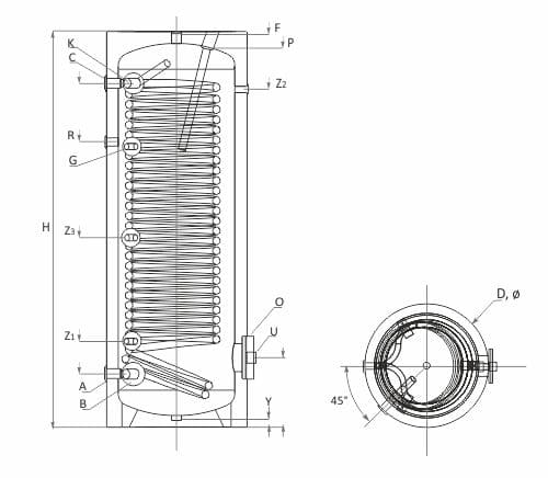 Technische Zeichnung ohne Abmaße - ThermoFlux Wärmepumpenspeicher SWP NL 500 | mit großem Wärmetauscher | Klimaworld.com