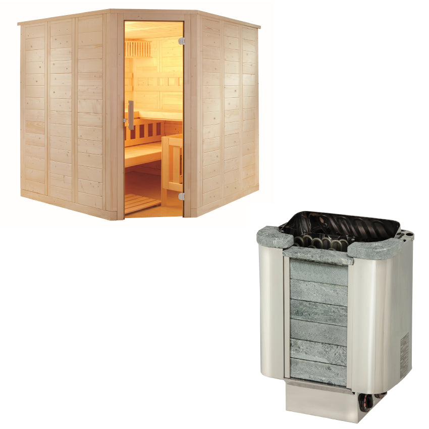 Sentiotec Sauna Set Wellfun Corner mit Saunaofen Cumulus inkl. Steuerung | klimaworld.com