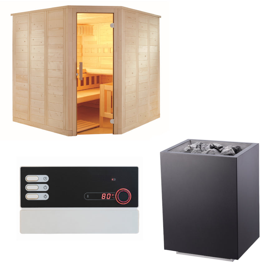 Sentiotec Sauna Set Wellfun Corner mit Saunaofen Home FIN und Steuerung Pro B2 | klimaworld.com