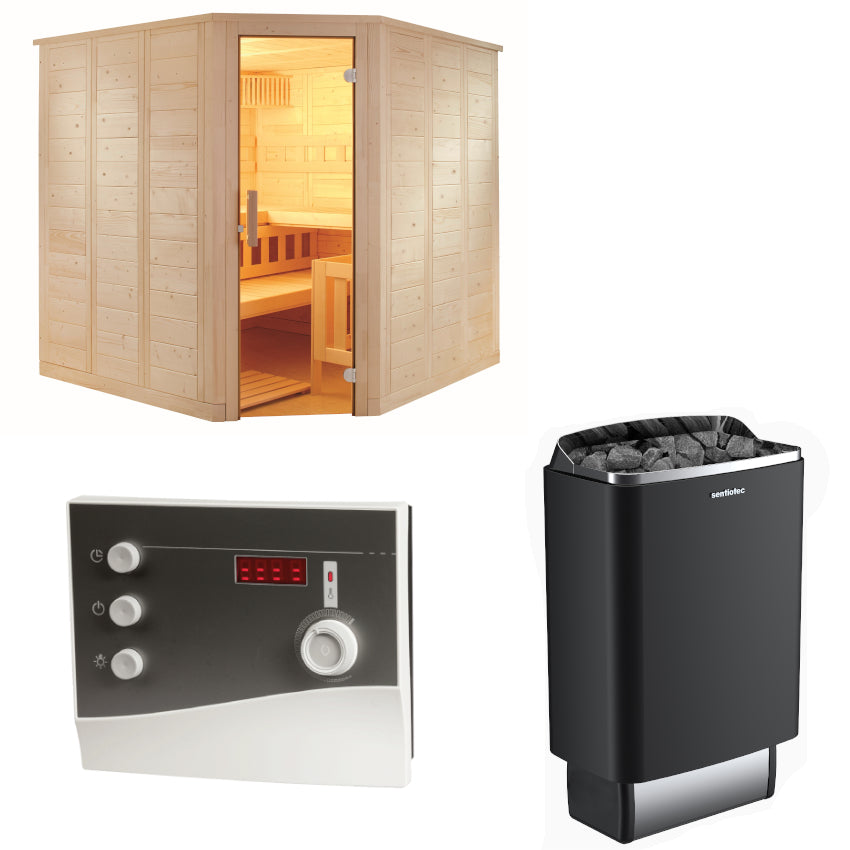 Sentiotec Sauna Set Wellfun Corner mit Saunaofen 100 E und Steuerung K2-Next | klimaworld.com